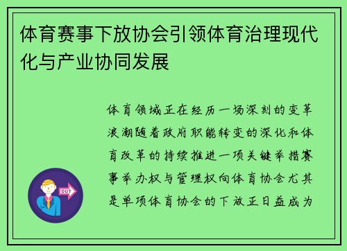 体育赛事下放协会引领体育治理现代化与产业协同发展